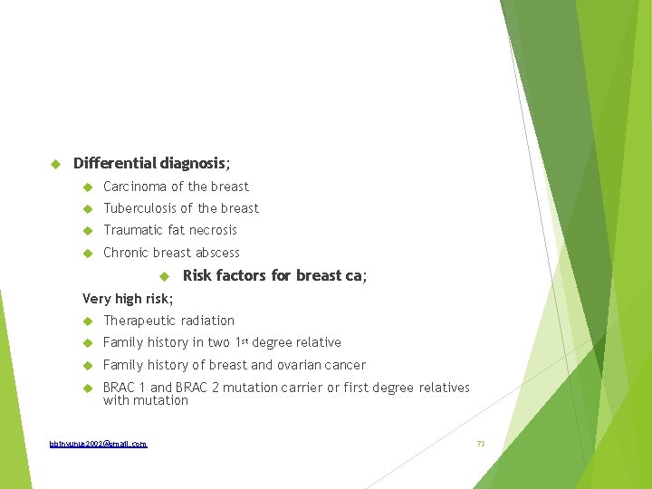  Differential diagnosis; Carcinoma of the breast Tuberculosis of the breast Traumatic fat necrosis