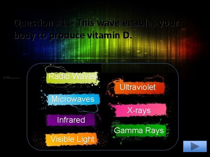 Question #11 - This wave enables your body to produce vitamin D. Radio Waves Question #11 - This wave enables your body to produce vitamin D. Radio Waves