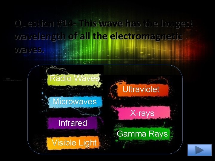Question #14 - This wave has the longest wavelength of all the electromagnetic waves. Question #14 - This wave has the longest wavelength of all the electromagnetic waves.