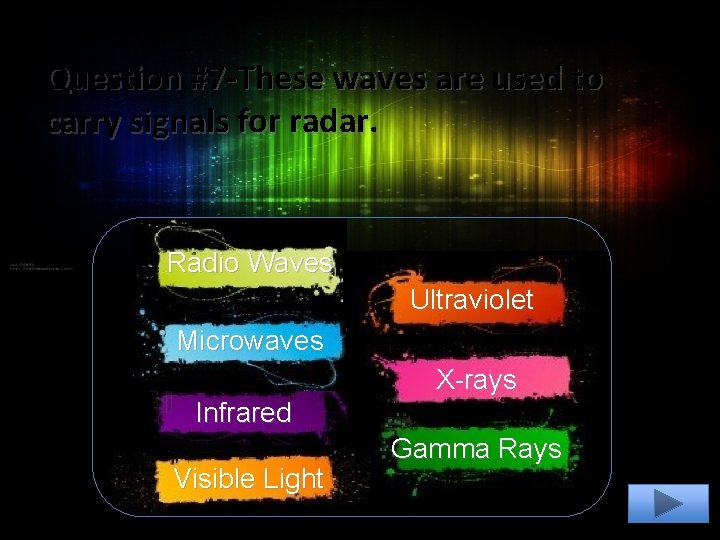 Question #7 -These waves are used to carry signals for radar. Radio Waves Ultraviolet Question #7 -These waves are used to carry signals for radar. Radio Waves Ultraviolet