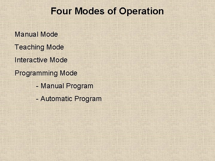 Four Modes of Operation Manual Mode Teaching Mode Interactive Mode Programming Mode - Manual Four Modes of Operation Manual Mode Teaching Mode Interactive Mode Programming Mode - Manual