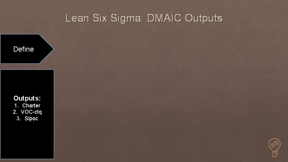 Lean Six Sigma: DMAIC Outputs Define Outputs: 1. Charter 2. VOC-ctq 3. Sipoc 