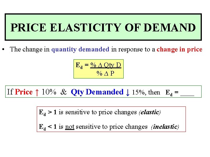 PRICE ELASTICITY OF DEMAND • The change in quantity demanded in response to a
