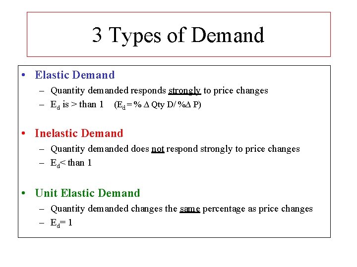 3 Types of Demand • Elastic Demand – Quantity demanded responds strongly to price