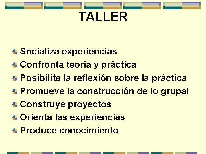 TALLER Socializa experiencias Confronta teoría y práctica Posibilita la reflexión sobre la práctica Promueve