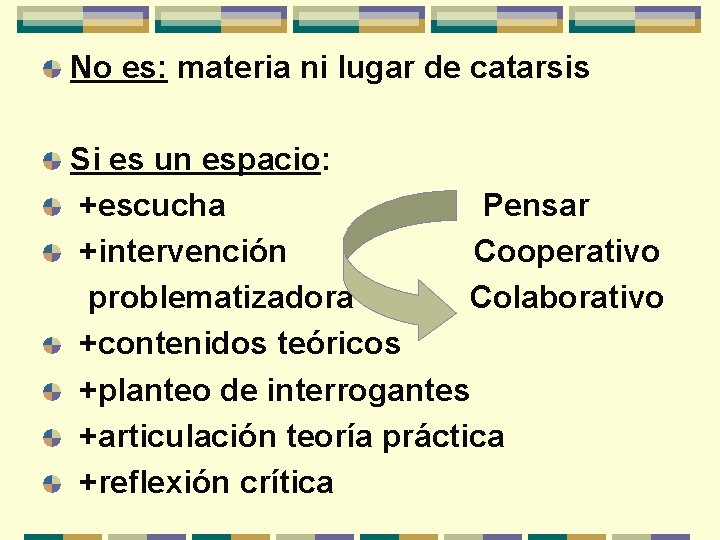 No es: materia ni lugar de catarsis Si es un espacio: +escucha Pensar +intervención