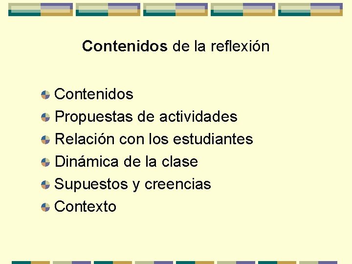 Contenidos de la reflexión Contenidos Propuestas de actividades Relación con los estudiantes Dinámica de