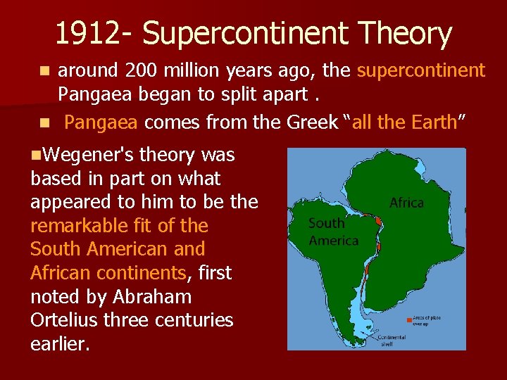 1912 - Supercontinent Theory around 200 million years ago, the supercontinent Pangaea began to