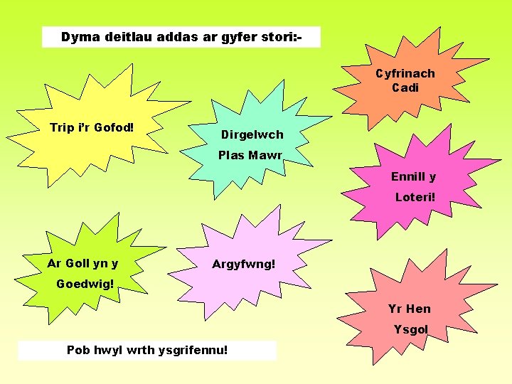 Dyma deitlau addas ar gyfer stori: Cyfrinach Cadi Trip i’r Gofod! Dirgelwch Plas Mawr