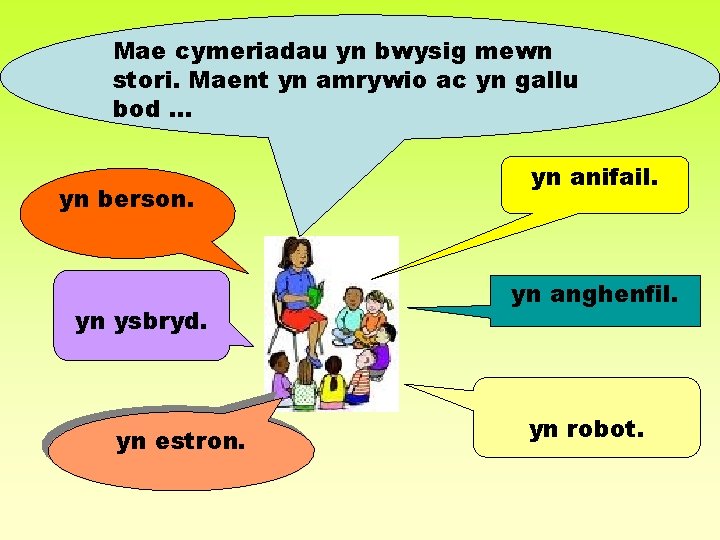 Mae cymeriadau yn bwysig mewn stori. Maent yn amrywio ac yn gallu bod. .