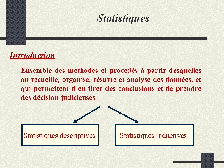 Statistiques Introduction Ensemble des méthodes et procédés à partir desquelles on recueille, organise, résume