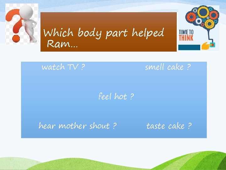 Which body part helped Ram… watch TV ? smell cake ? feel hot ?