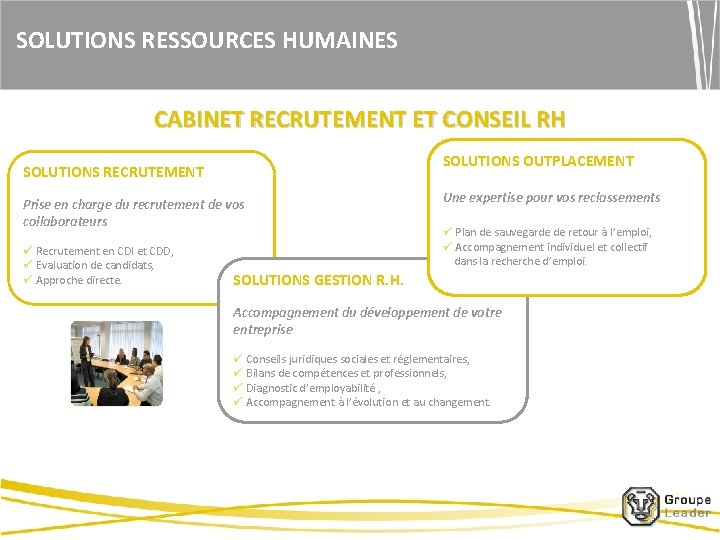 SOLUTIONS RESSOURCES HUMAINES CABINET RECRUTEMENT ET CONSEIL RH SOLUTIONS OUTPLACEMENT SOLUTIONS RECRUTEMENT Prise en