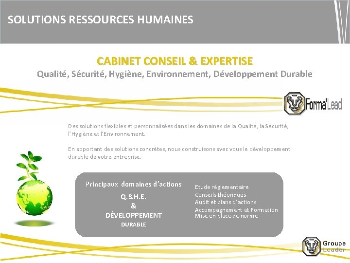 SOLUTIONS RESSOURCES HUMAINES CABINET CONSEIL & EXPERTISE Qualité, Sécurité, Hygiène, Environnement, Développement Durable Des