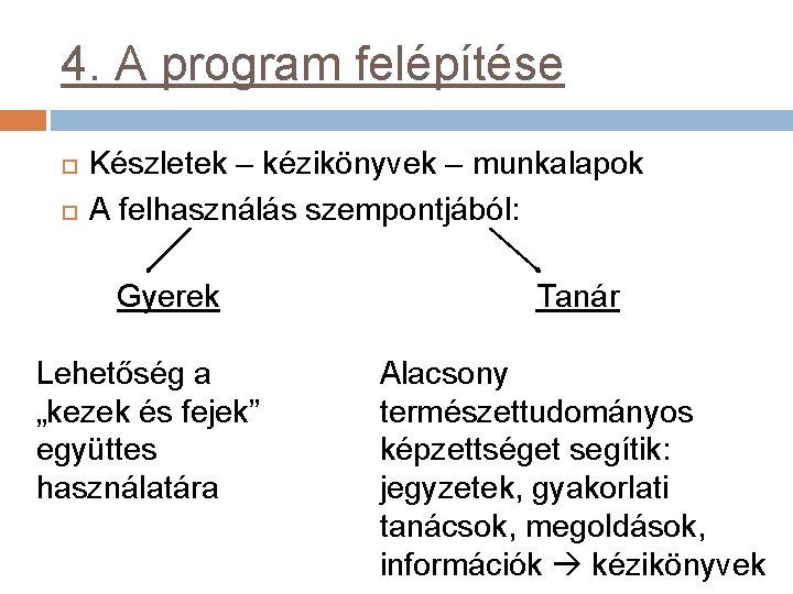 4. A program felépítése Készletek – kézikönyvek – munkalapok A felhasználás szempontjából: Gyerek Lehetőség