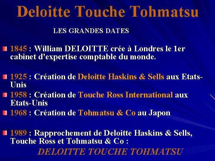 Deloitte Touche Tohmatsu LES GRANDES DATES 1845 : William DELOITTE crée à Londres le