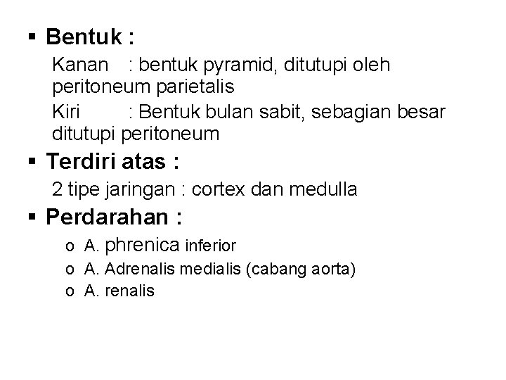 § Bentuk : Kanan : bentuk pyramid, ditutupi oleh peritoneum parietalis Kiri : Bentuk