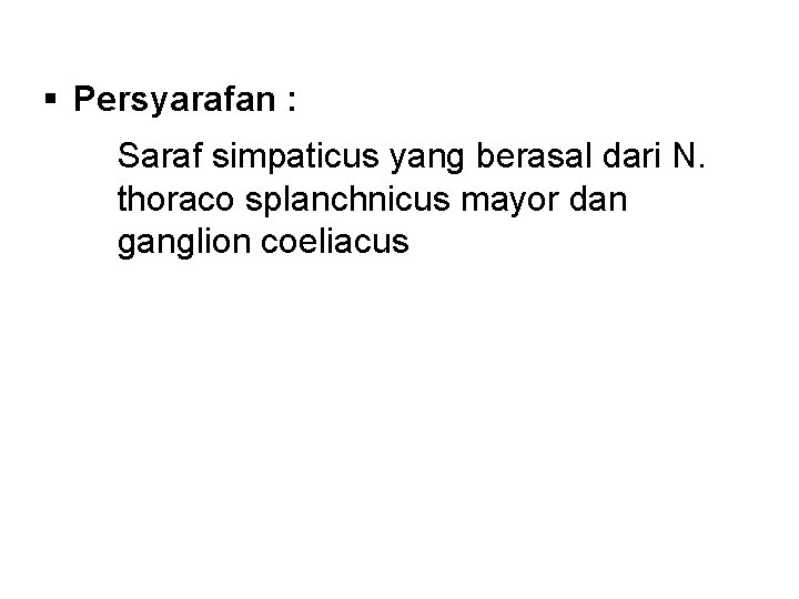 § Persyarafan : Saraf simpaticus yang berasal dari N. thoraco splanchnicus mayor dan ganglion