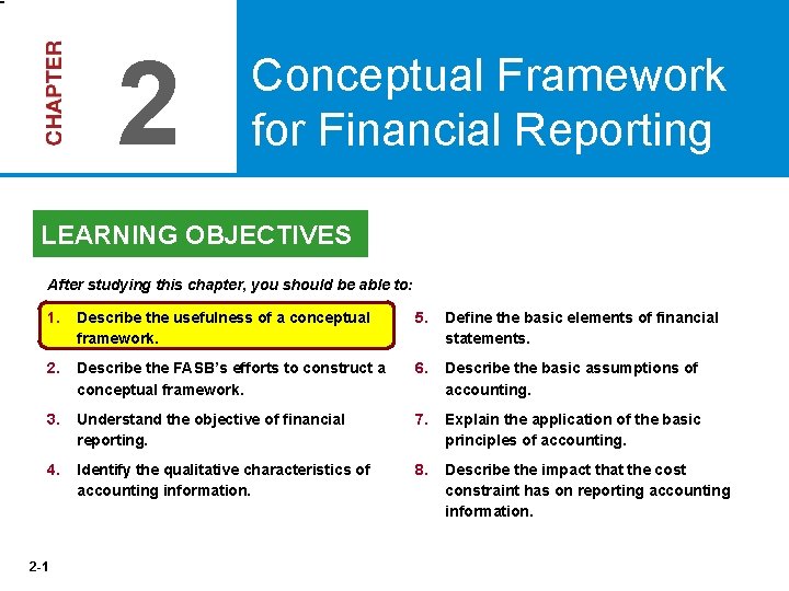 2 Conceptual Framework for Financial Reporting LEARNING OBJECTIVES After studying this chapter, you should