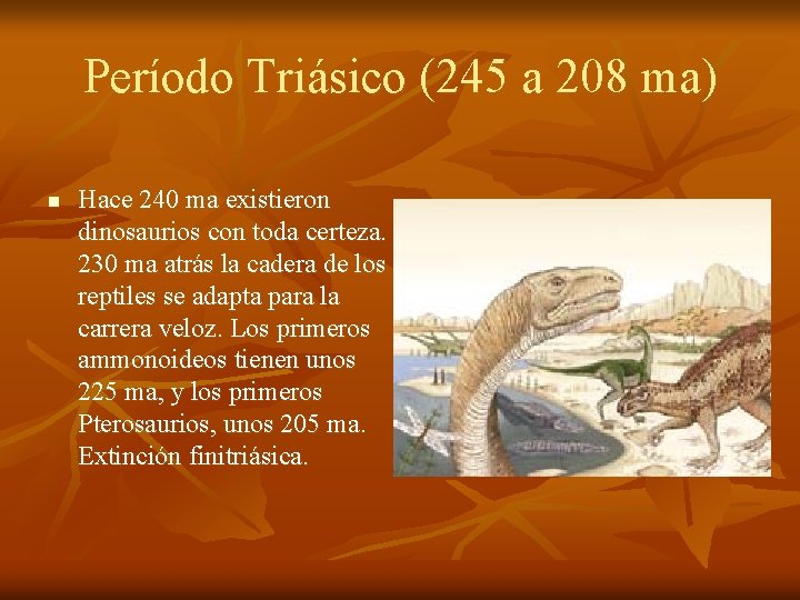 Período Triásico (245 a 208 ma) n Hace 240 ma existieron dinosaurios con toda