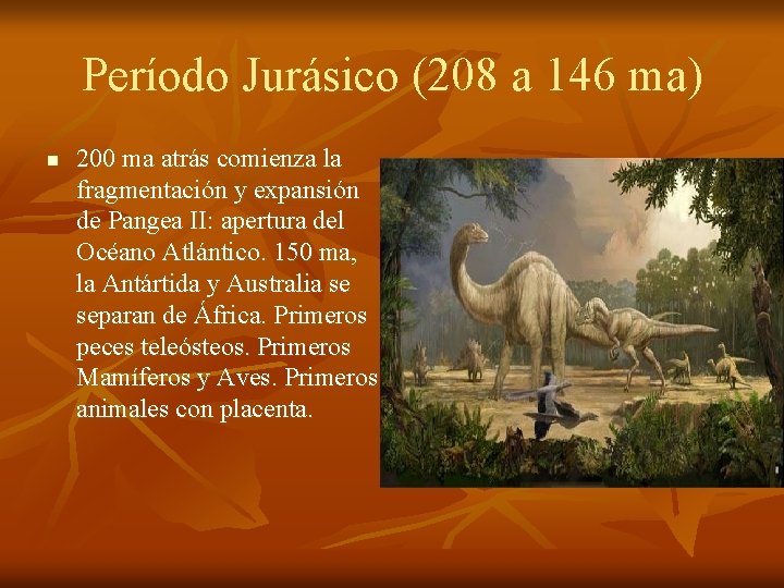 Período Jurásico (208 a 146 ma) n 200 ma atrás comienza la fragmentación y