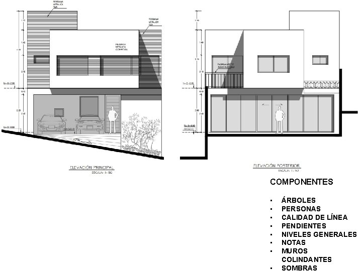 COMPONENTES • • ÁRBOLES PERSONAS CALIDAD DE LÍNEA PENDIENTES NIVELES GENERALES NOTAS MUROS COLINDANTES