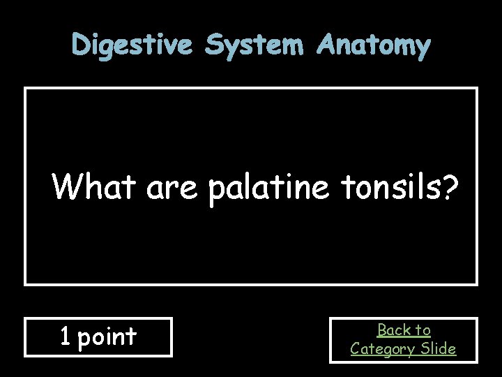 Digestive System Anatomy What are palatine tonsils? 1 point Back to Category Slide 