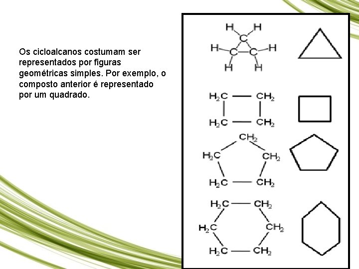 Os cicloalcanos costumam ser representados por figuras geométricas simples. Por exemplo, o composto anterior