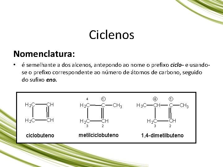 QUÍMICA, 3º Ano do Ensino Médio Hidrocarboneto: ciclano, cicleno e compostos aromáticos Ciclenos Nomenclatura: