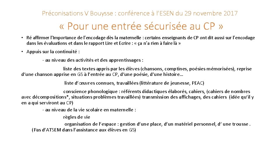 Préconisations V Bouysse : conférence à l’ESEN du 29 novembre 2017 « Pour une