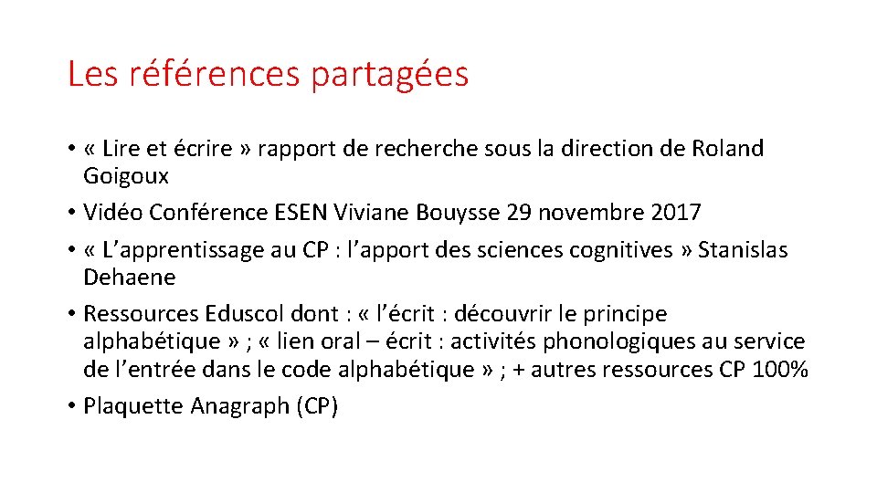 Les références partagées • « Lire et écrire » rapport de recherche sous la