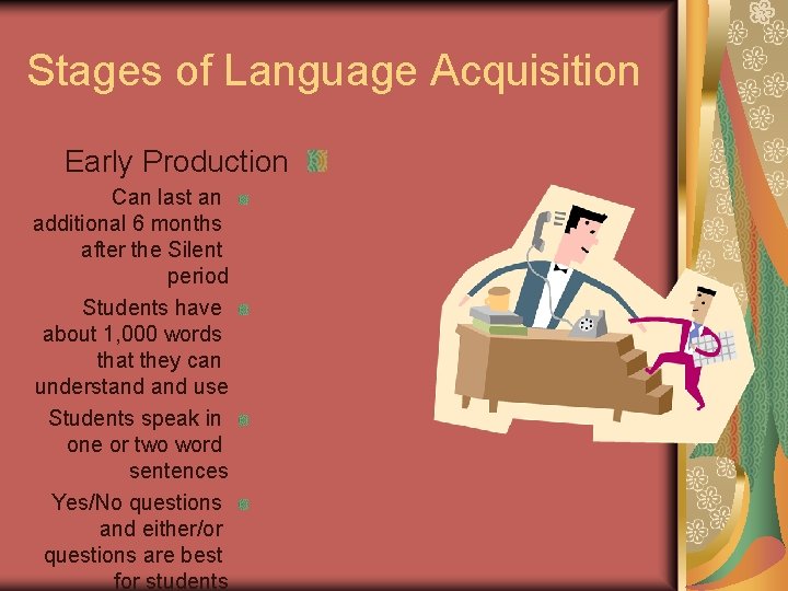 Stages of Language Acquisition Early Production Can last an additional 6 months after the Stages of Language Acquisition Early Production Can last an additional 6 months after the