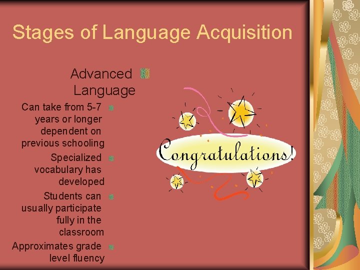 Stages of Language Acquisition Advanced Language Can take from 5 -7 years or longer Stages of Language Acquisition Advanced Language Can take from 5 -7 years or longer