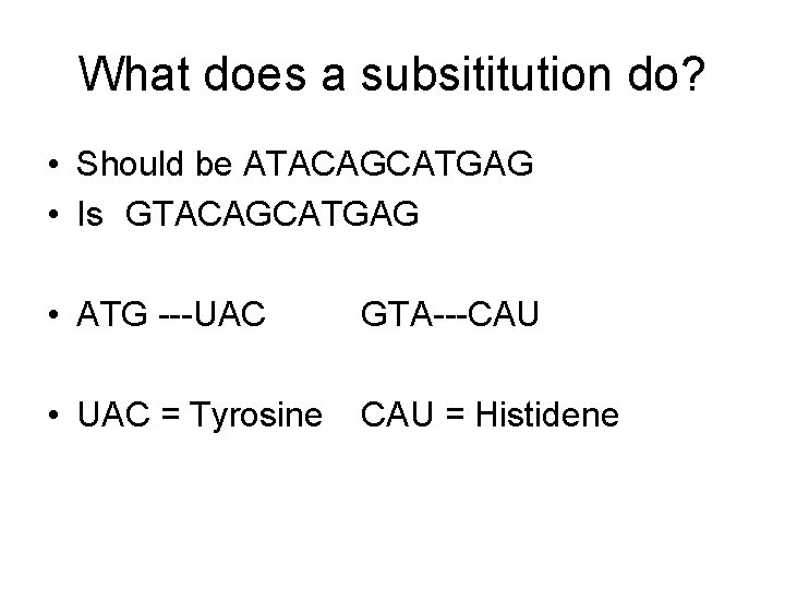 What does a subsititution do? • Should be ATACAGCATGAG • Is GTACAGCATGAG • ATG