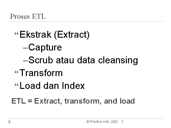 Proses ETL Ekstrak (Extract) – Capture – Scrub atau data cleansing Transform Load dan