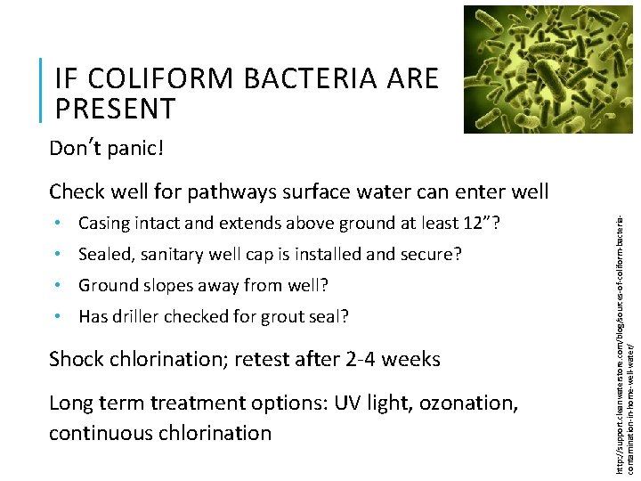 IF COLIFORM BACTERIA ARE PRESENT Don’t panic! • Casing intact and extends above ground
