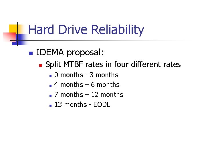 Hard Drive Reliability n IDEMA proposal: n Split MTBF rates in four different rates