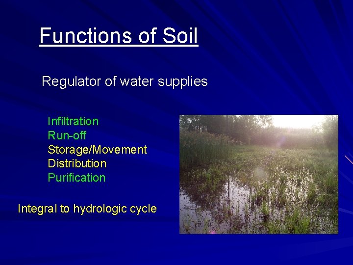 Functions of Soil Regulator of water supplies Infiltration Run-off Storage/Movement Distribution Purification Integral to