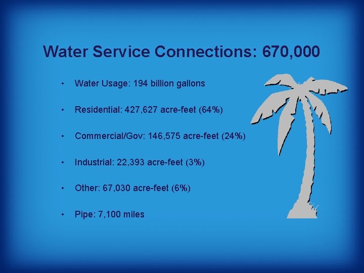Water Service Connections: 670, 000 • Water Usage: 194 billion gallons • Residential: 427,