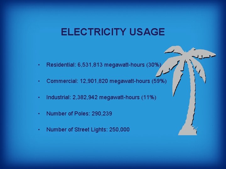 ELECTRICITY USAGE • Residential: 6, 531, 813 megawatt-hours (30%) • Commercial: 12, 901, 820