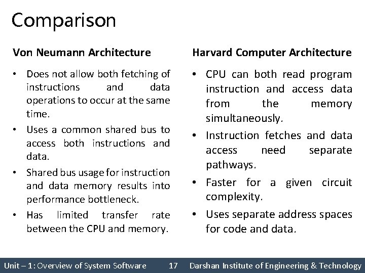 Comparison Von Neumann Architecture Harvard Computer Architecture • Does not allow both fetching of