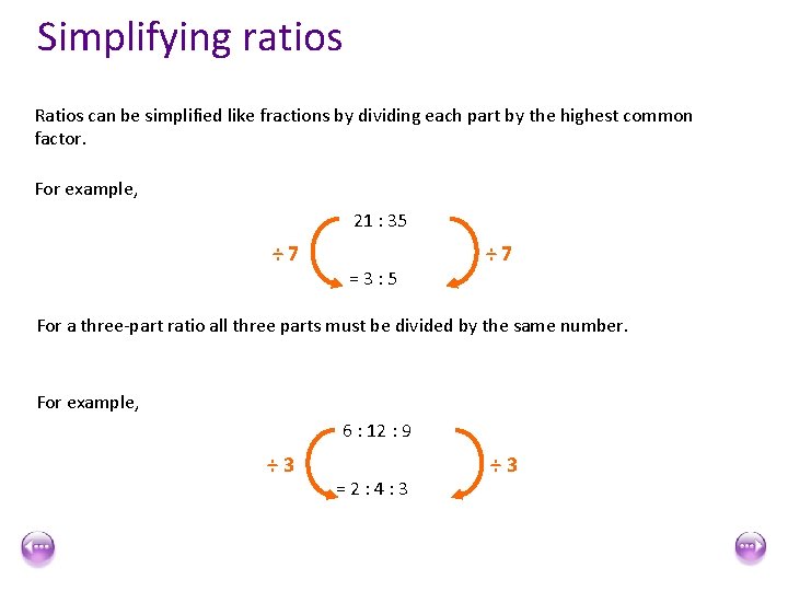 Simplifying ratios Ratios can be simplified like fractions by dividing each part by the