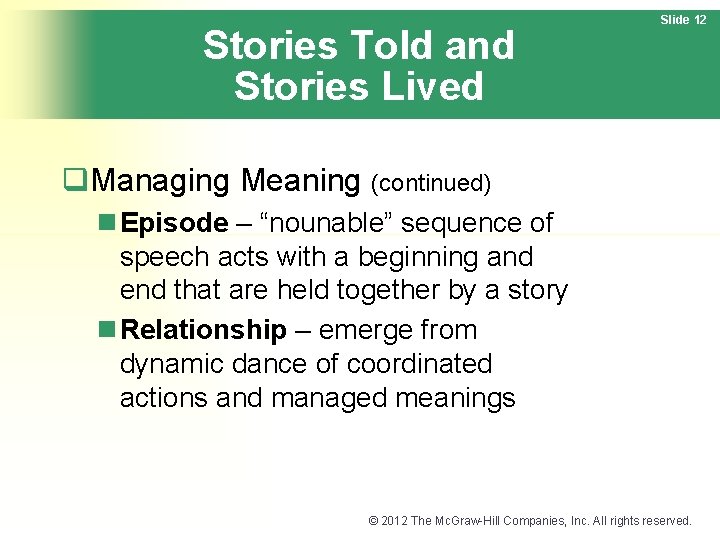 Stories Told and Stories Lived Slide 12 q. Managing Meaning (continued) n Episode –