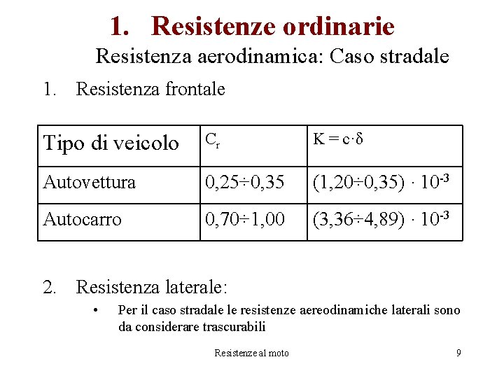 1. Resistenze ordinarie Resistenza aerodinamica: Caso stradale 1. Resistenza frontale Tipo di veicolo Cr