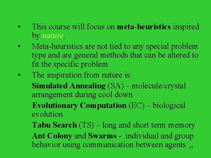  • • • This course will focus on meta-heuristics inspired by nature. Meta-heuristics