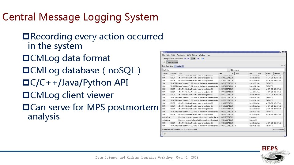 Central Message Logging System p. Recording every action occurred in the system p. CMLog