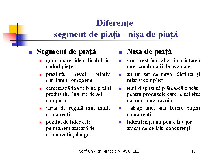 Diferenţe segment de piaţă - nişa de piaţă n Segment de piaţă n n Diferenţe segment de piaţă - nişa de piaţă n Segment de piaţă n n