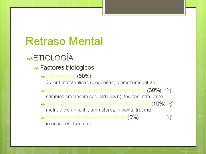 Retraso Mental ETIOLOGÍA Factores biológicos Hereditarios (50%) enf. metabólicas congénitas, cromosomopatías Alt. tempranas del