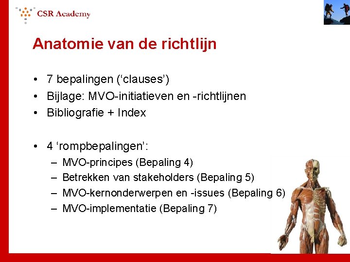 Anatomie van de richtlijn • 7 bepalingen (‘clauses’) • Bijlage: MVO-initiatieven en -richtlijnen •