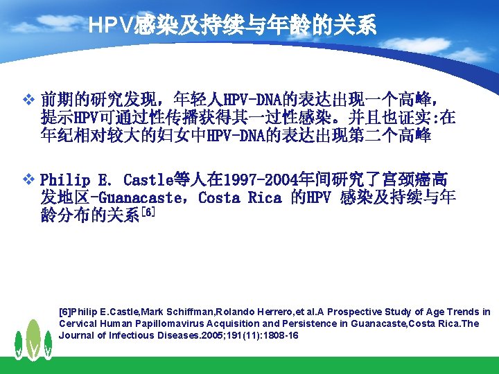 HPV感染及持续与年龄的关系 v 前期的研究发现，年轻人HPV-DNA的表达出现一个高峰， 提示HPV可通过性传播获得其一过性感染。并且也证实: 在 年纪相对较大的妇女中HPV-DNA的表达出现第二个高峰 v Philip E. Castle等人在 1997 -2004年间研究了宫颈癌高 发地区-Guanacaste，Costa Rica